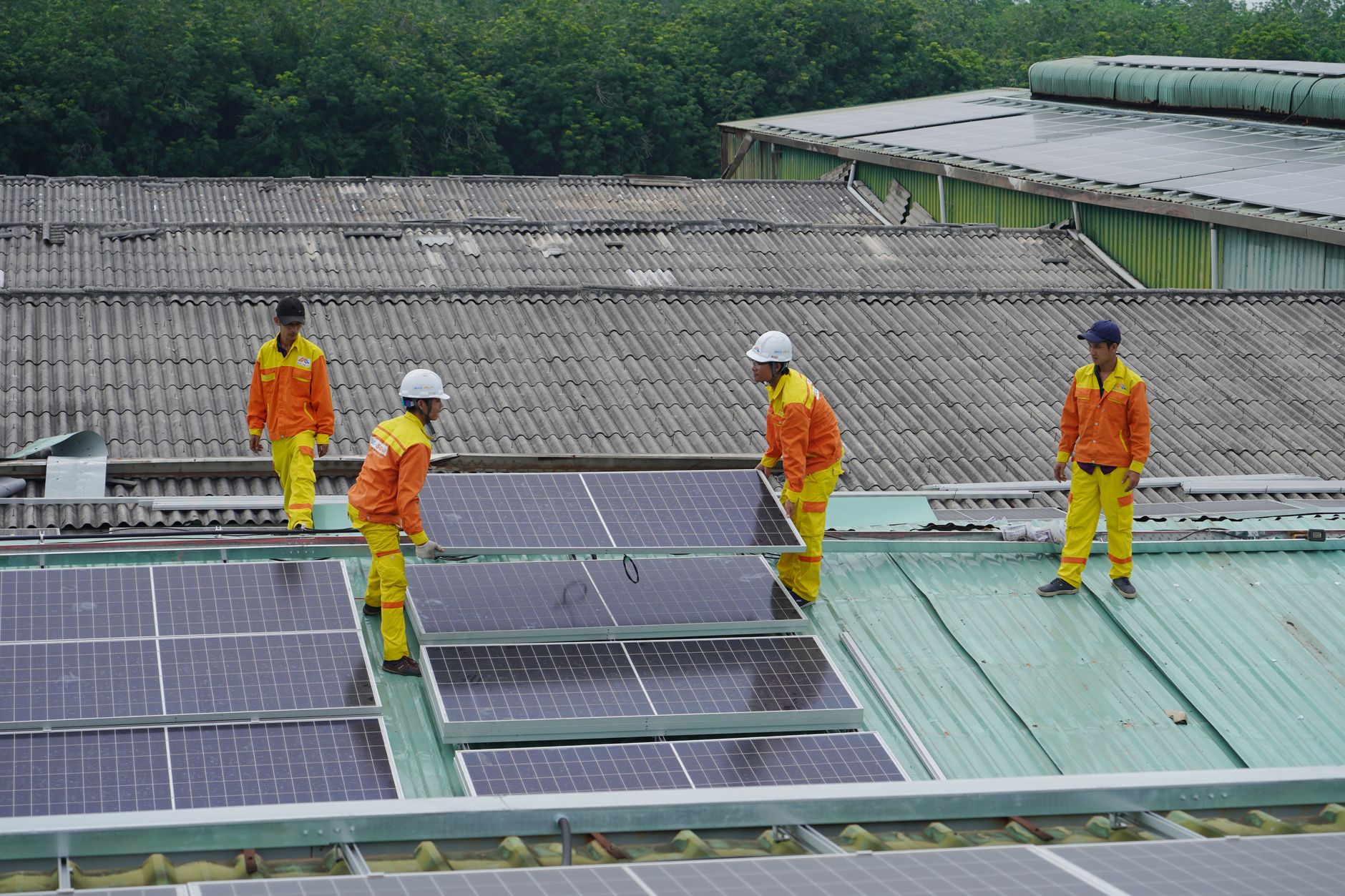 Two installers in safety harnesses mounting solar panels on a shingled roof